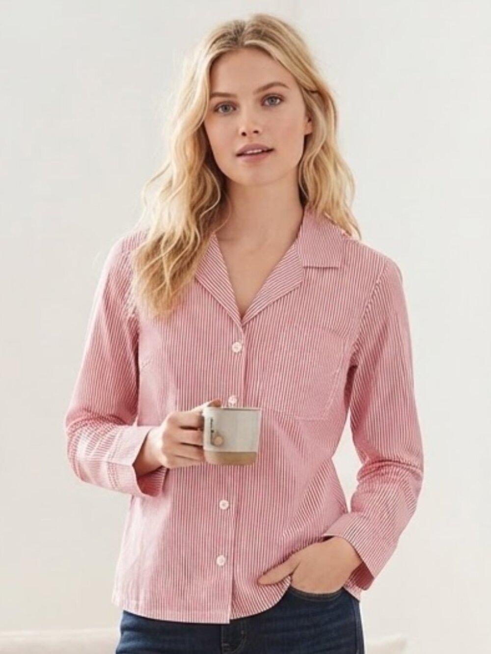 J. Crew Striped Cotton Poplin Long Sleeve Pajama Top Red White Size S NWT